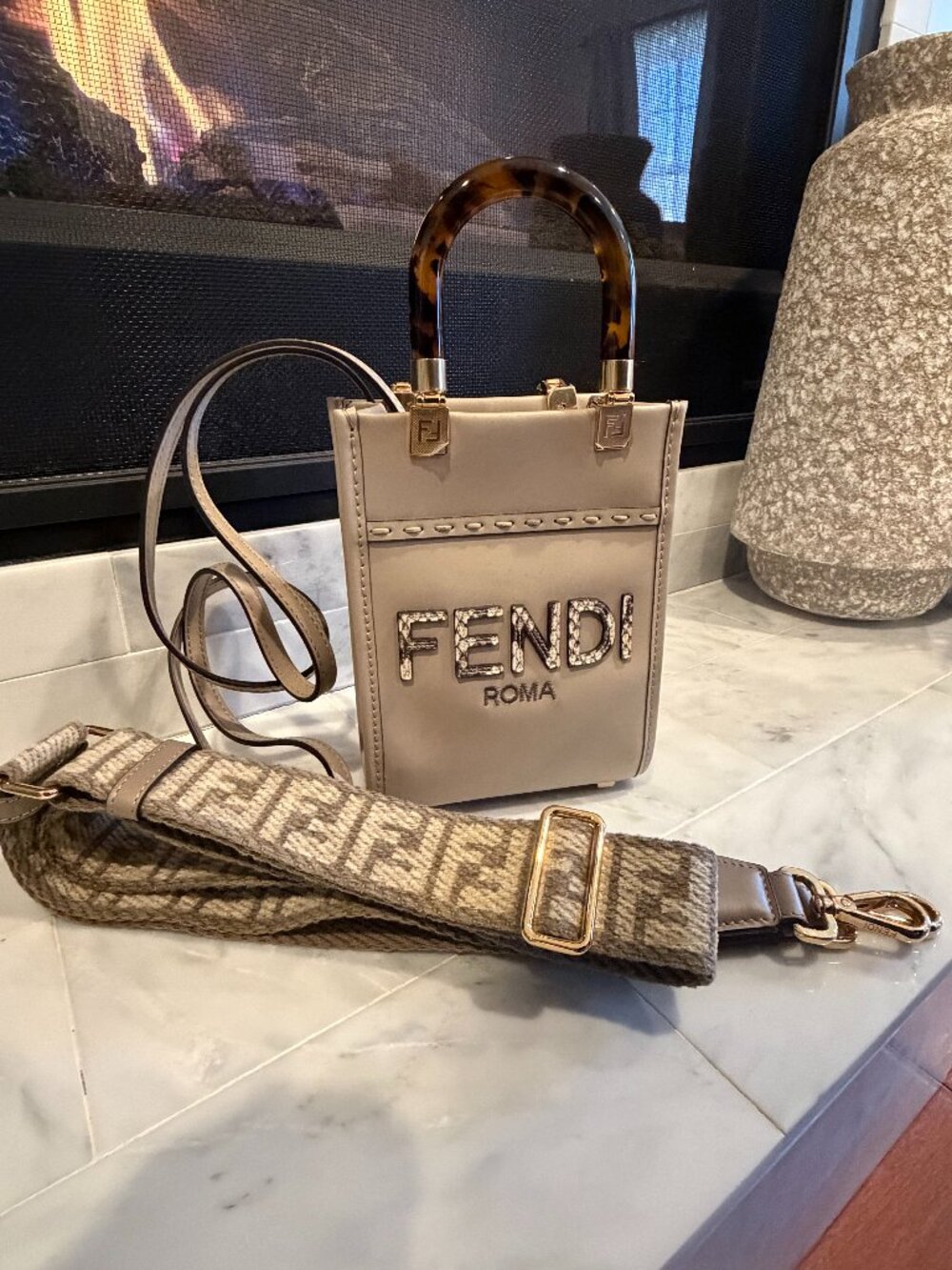 ✨ Fendi Mini Sunshine Tote – Taupe + Extra Strap Included ✨